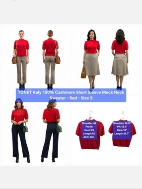 TONET Italy 100% Cashmere Short Sleeve Mock Neck Sweater - Red Size S